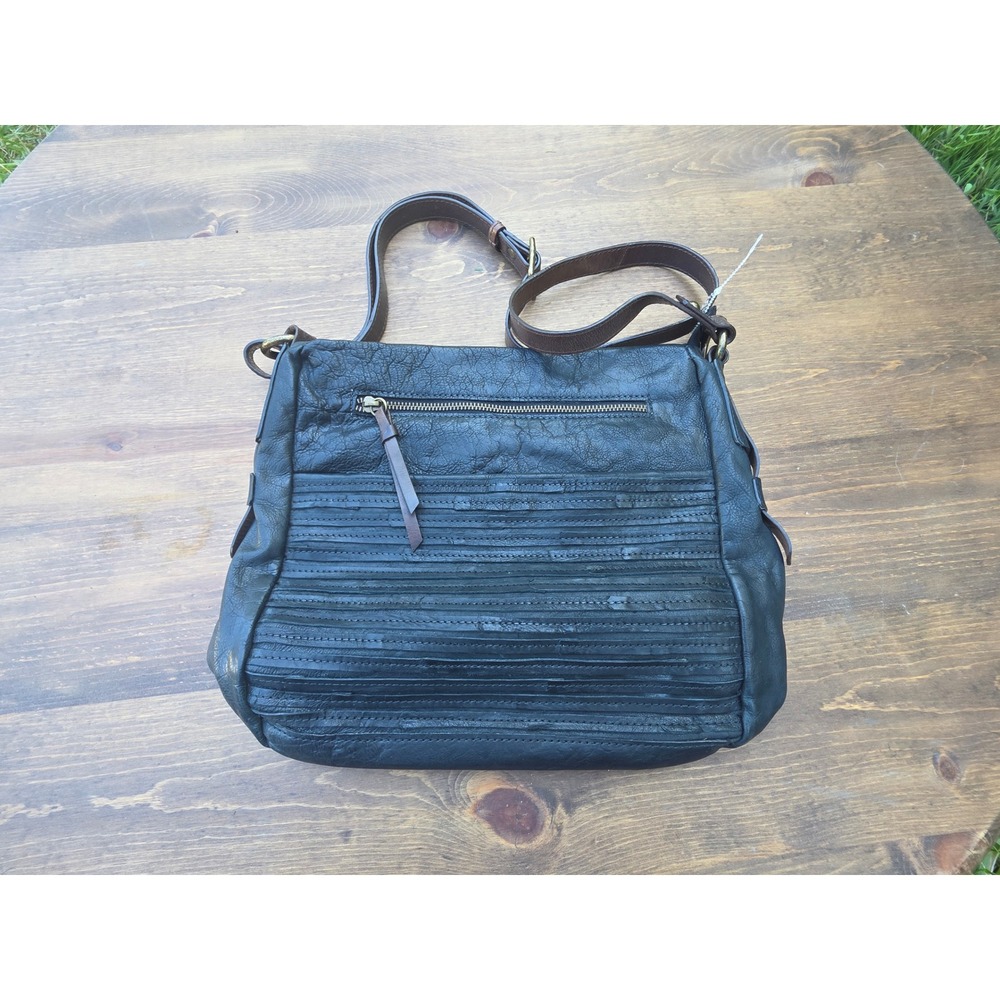 Nino Bossi Black Leather Crossbody Bag Pleated Boho Hobo Floral Lining Large